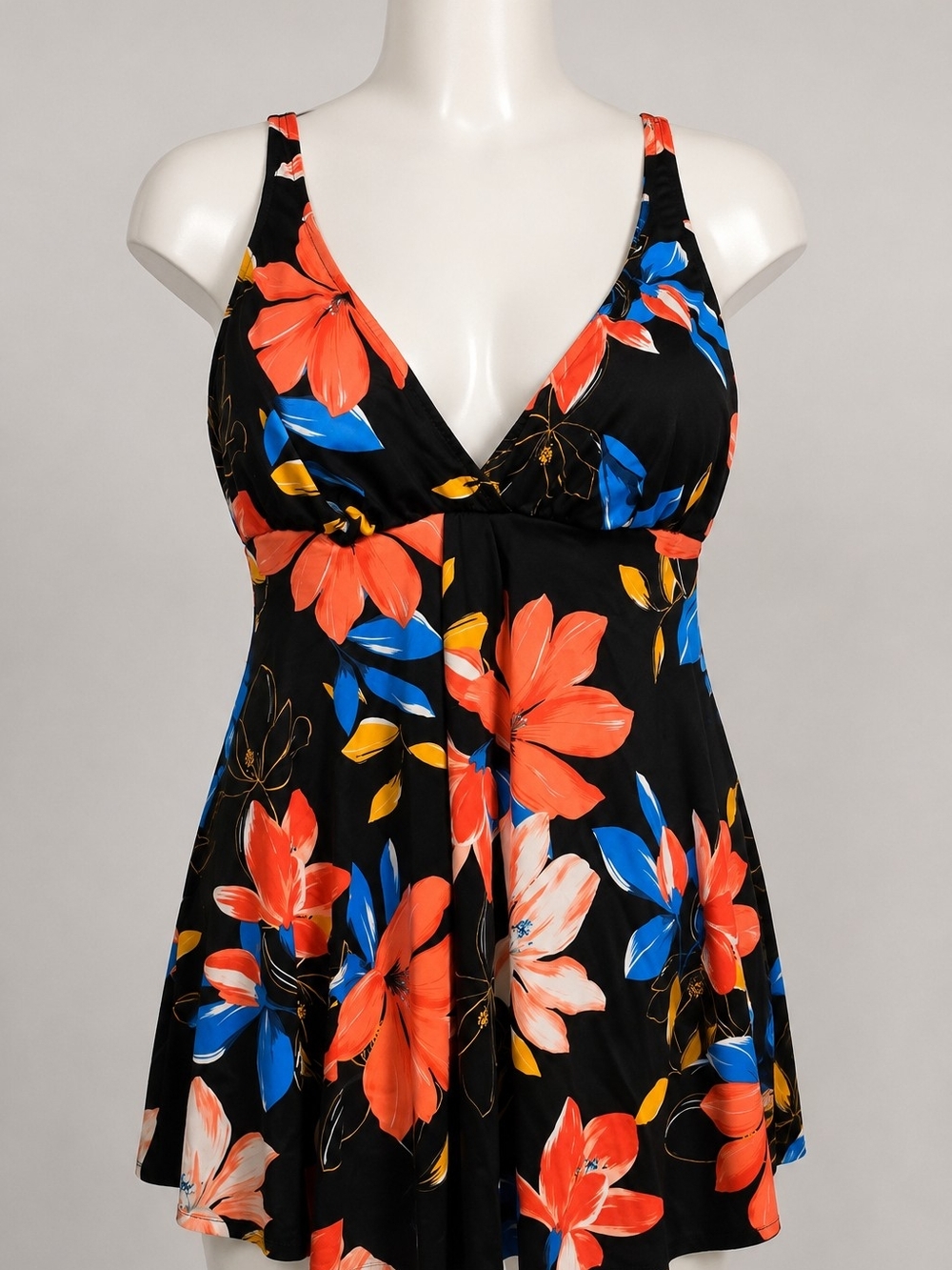 Women’s 1X Floral One Piece Swimsuit Black Coral Blue Draped Tummy Coverage